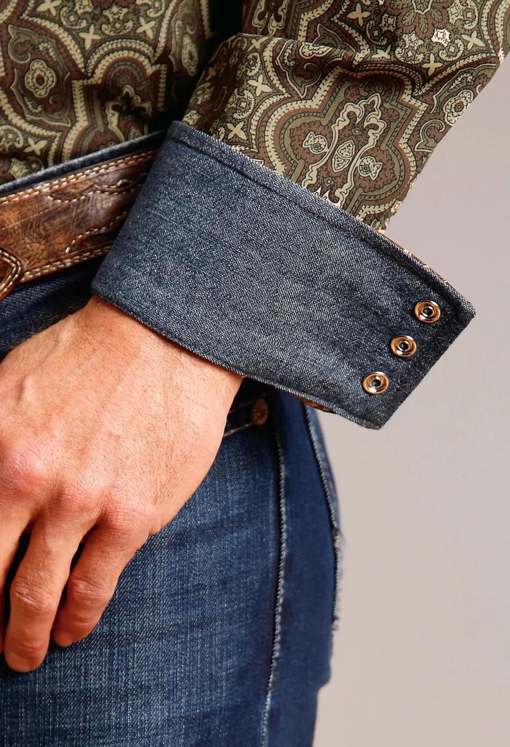 Stetson Mens Grandiose Paisley Brown 100% Cotton L/S Shirt Abrasion Resistant Edges