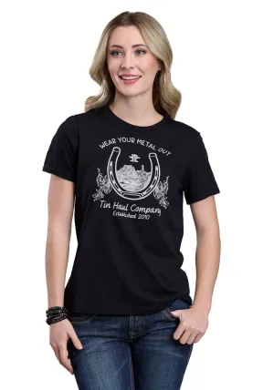Metallic Finish Tin Haul Womens Horseshoe With Scenery Black Cotton Blend S/S T-Shirt Reinforced Buttonholes Tin Haul Womens Horseshoe With Scenery Black Cotton Blend S/S T-Shirt