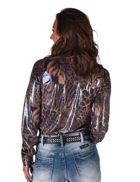Street Chic Seasonal Trend Cowgirl Tuff Womens Shiny Animal Tan Polyester L/S Shirt