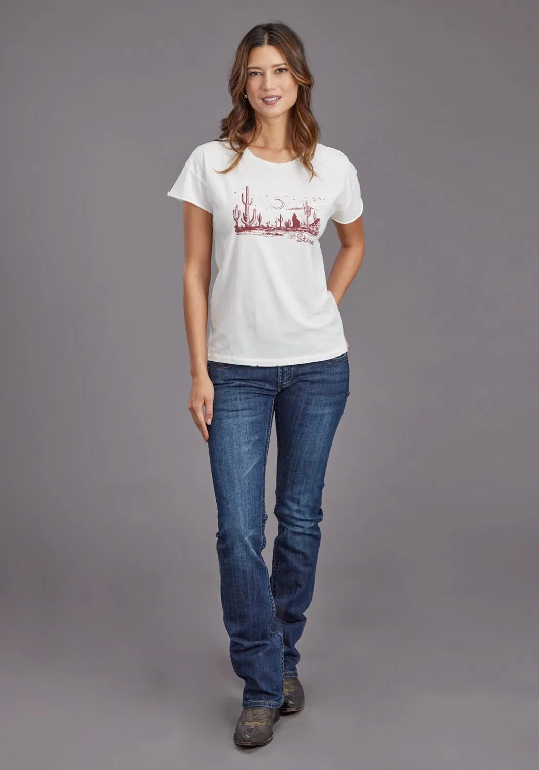 Smart Layering Easy Care Material Stetson Womens Howling at the Moon White 100% Cotton S/S T-Shirt