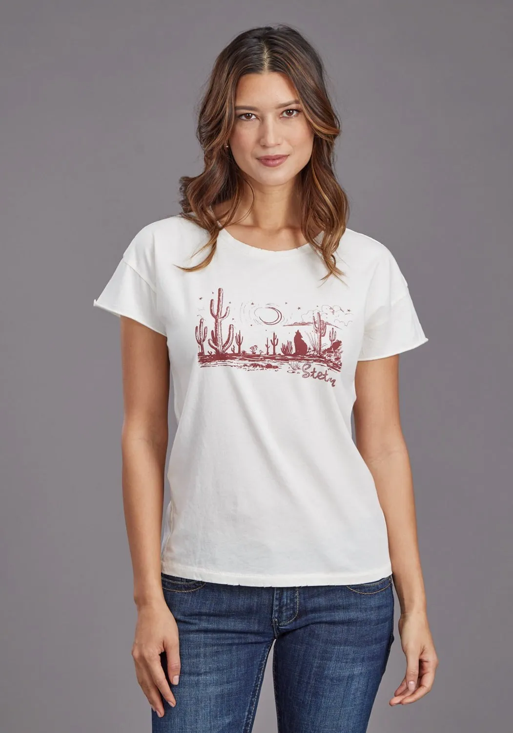Subtle Print Regular Fit Stetson Womens Howling at the Moon White 100% Cotton S/S T-Shirt