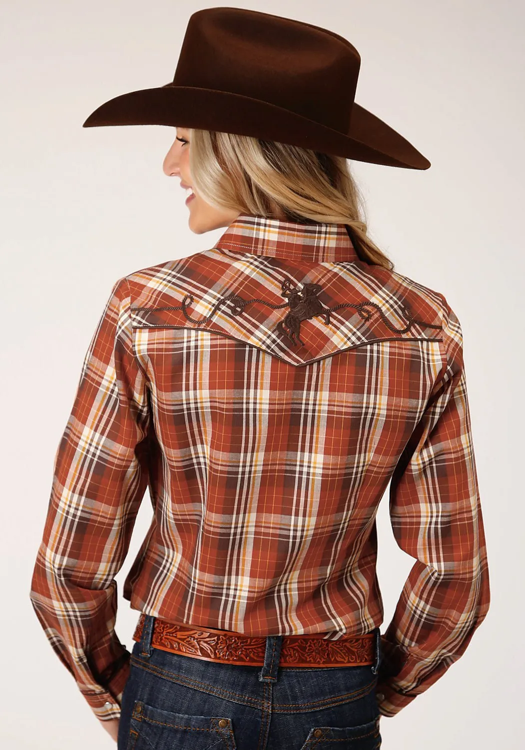 Sustainable Weekend Getaway Active Friendly Roper Womens Rust/Brown Cotton Blend Bronc Rider L/S Plaid Shirt