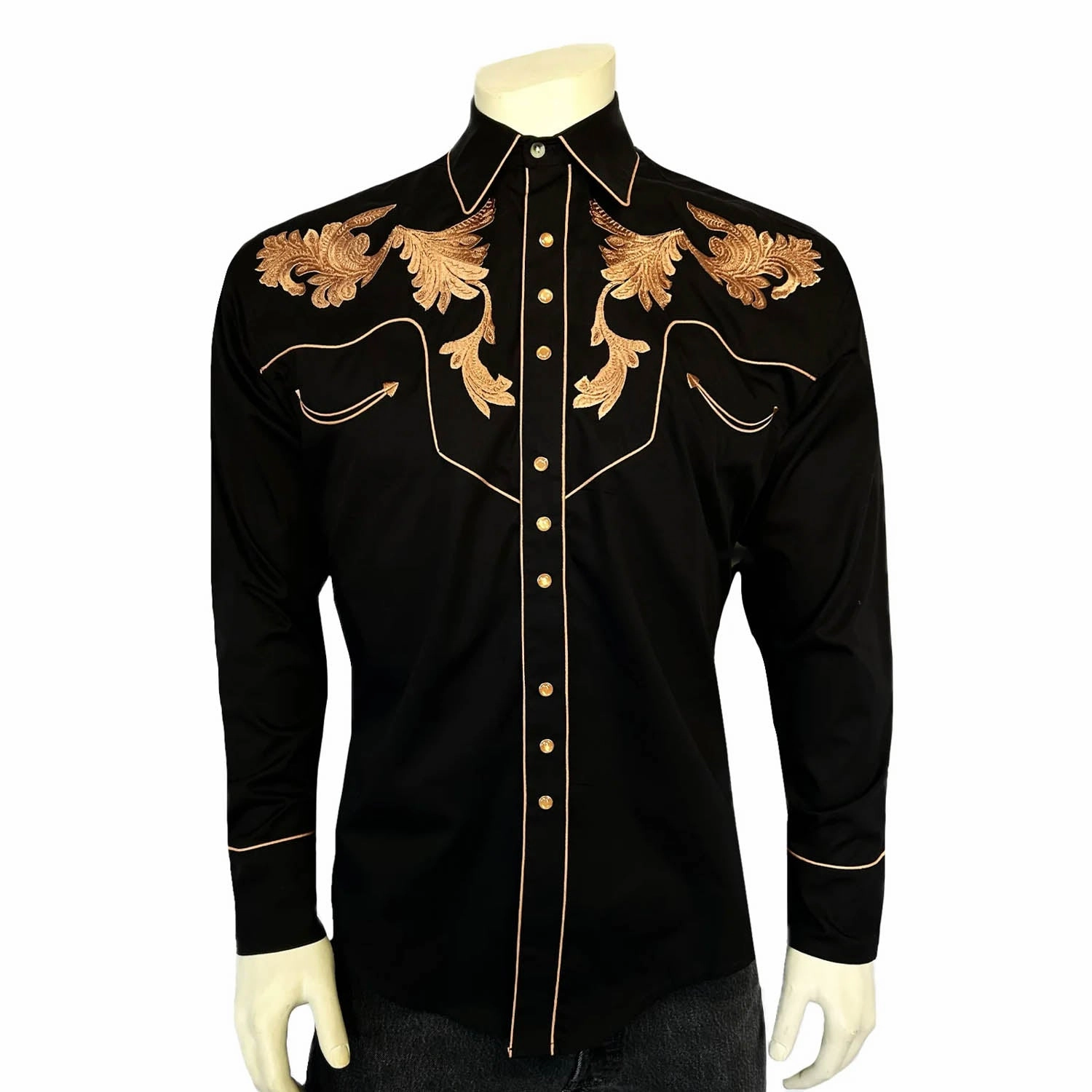 Rockmount Mens Vintage Leaf Tooling Black 100% Cotton L/S Shirt Flex Fit Collar Special Occasion