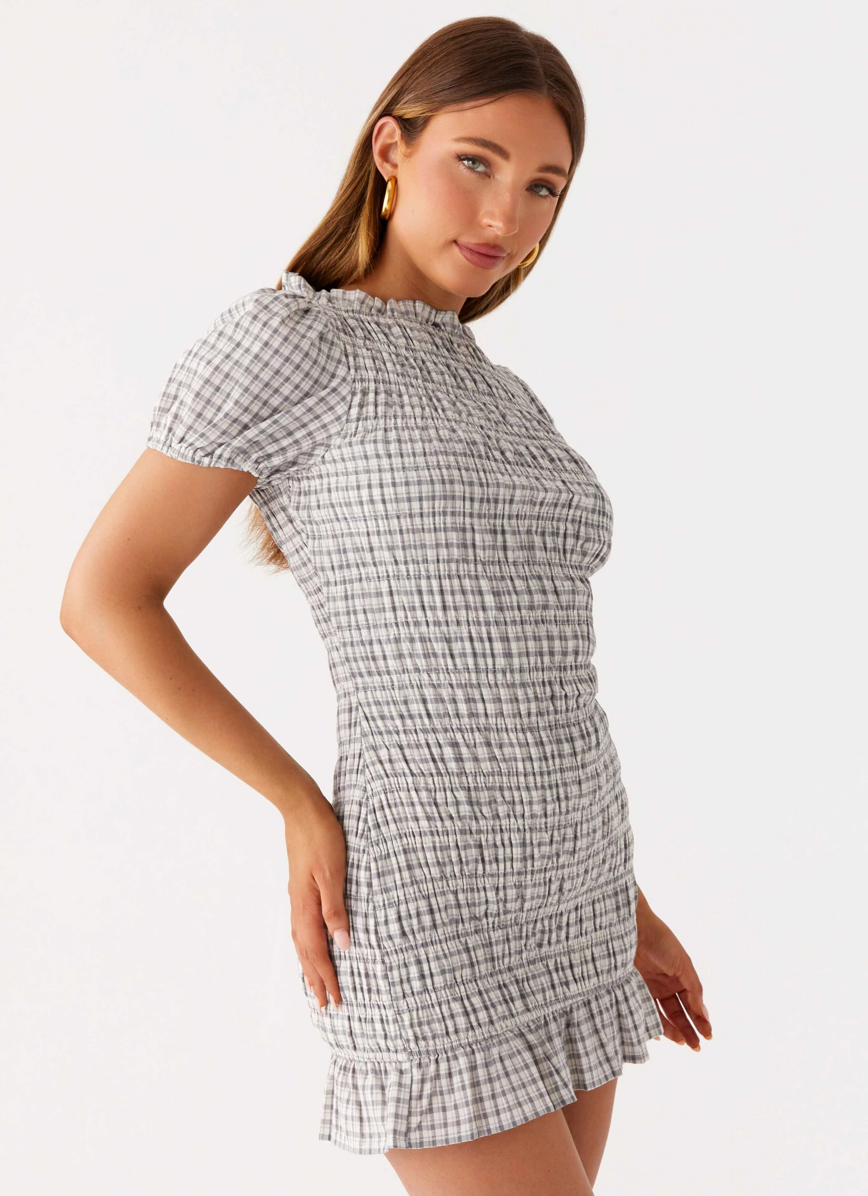 Millicent Ruched Mini Dress - Grey Check Chic And Comfortable