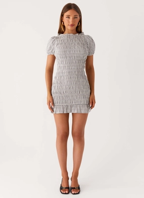 Millicent Ruched Mini Dress - Grey Check Sleek Comfort Smart Lines Millicent Ruched Mini Dress - Grey Check