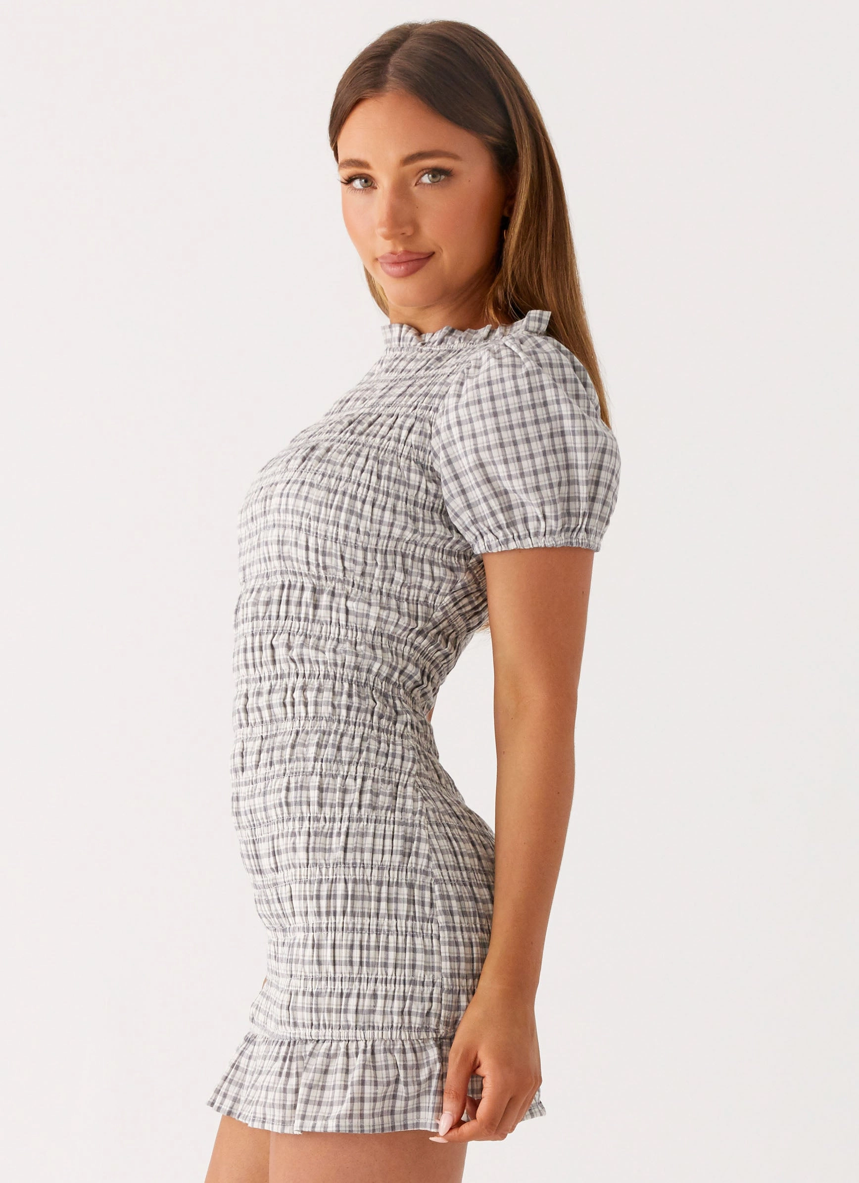 Millicent Ruched Mini Dress - Grey Check All Inclusive