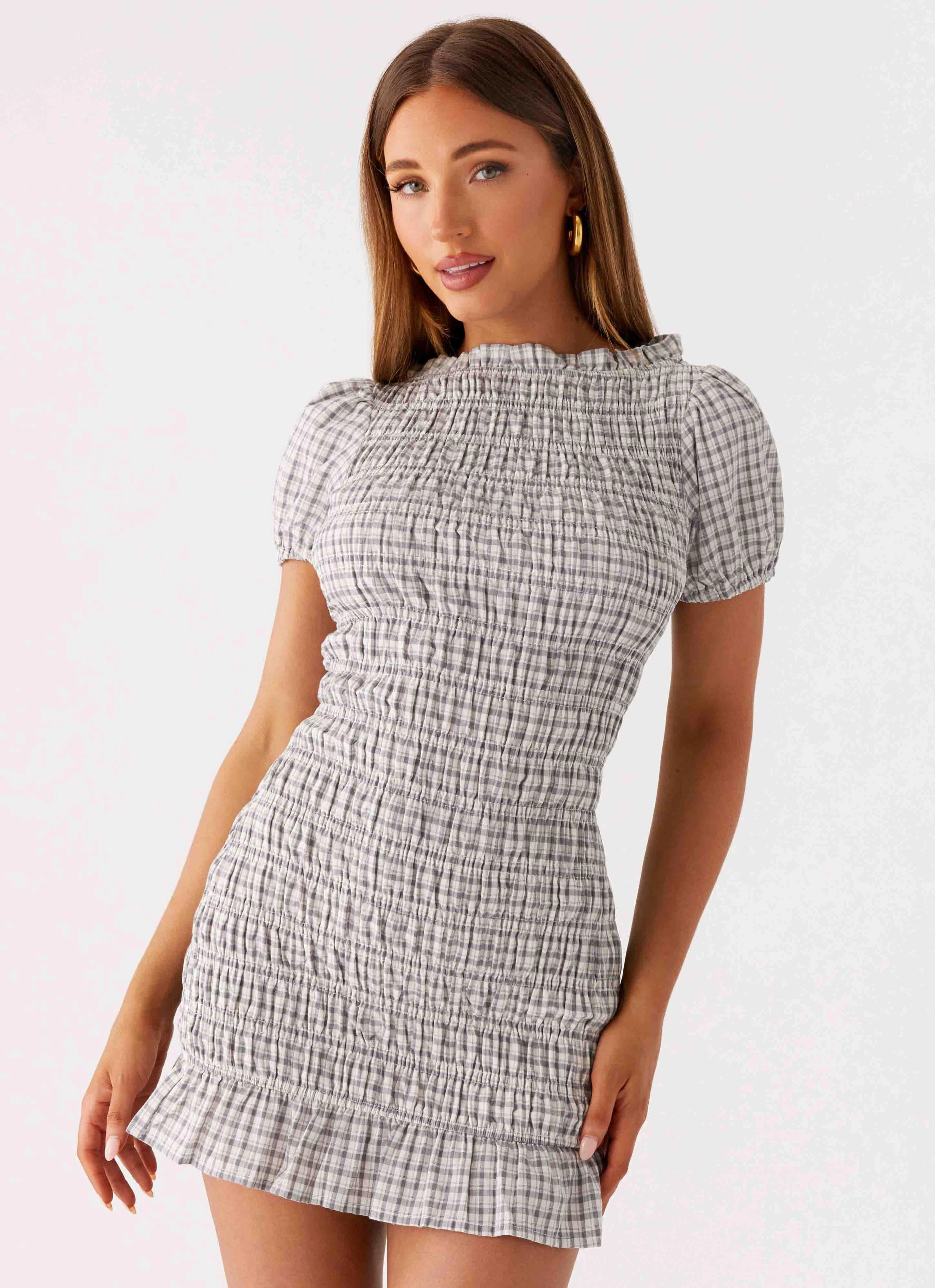 Mesh-Sleeve Millicent Ruched Mini Dress - Grey Check