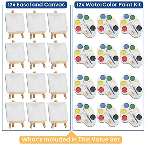 Mini Canvas and Easel Set With Mini Watercolor Paint in Bulk 12 for Kids