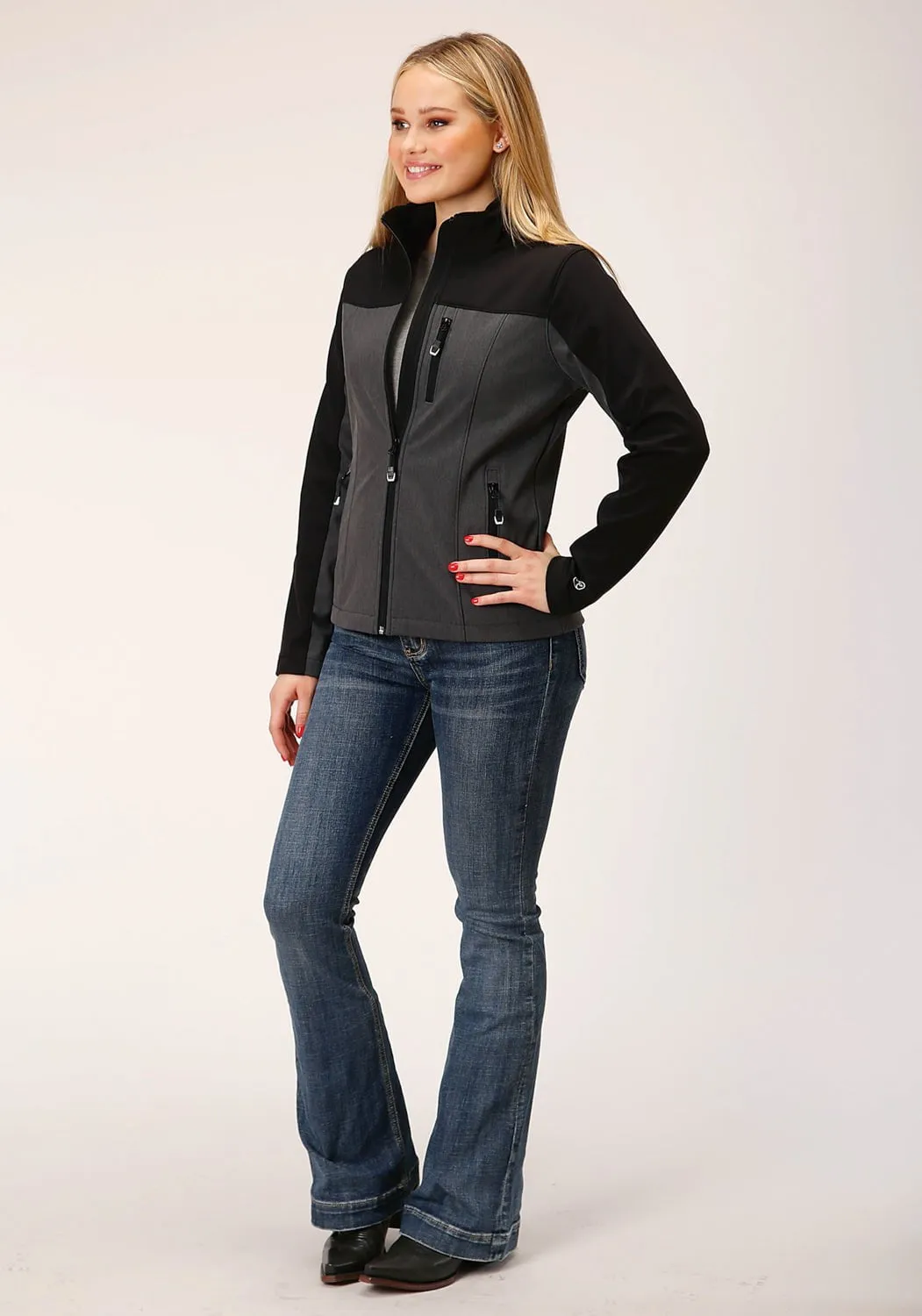 Roper Womens Zip Grey/Black Polyester Softshell Jacket Softened Denim Material