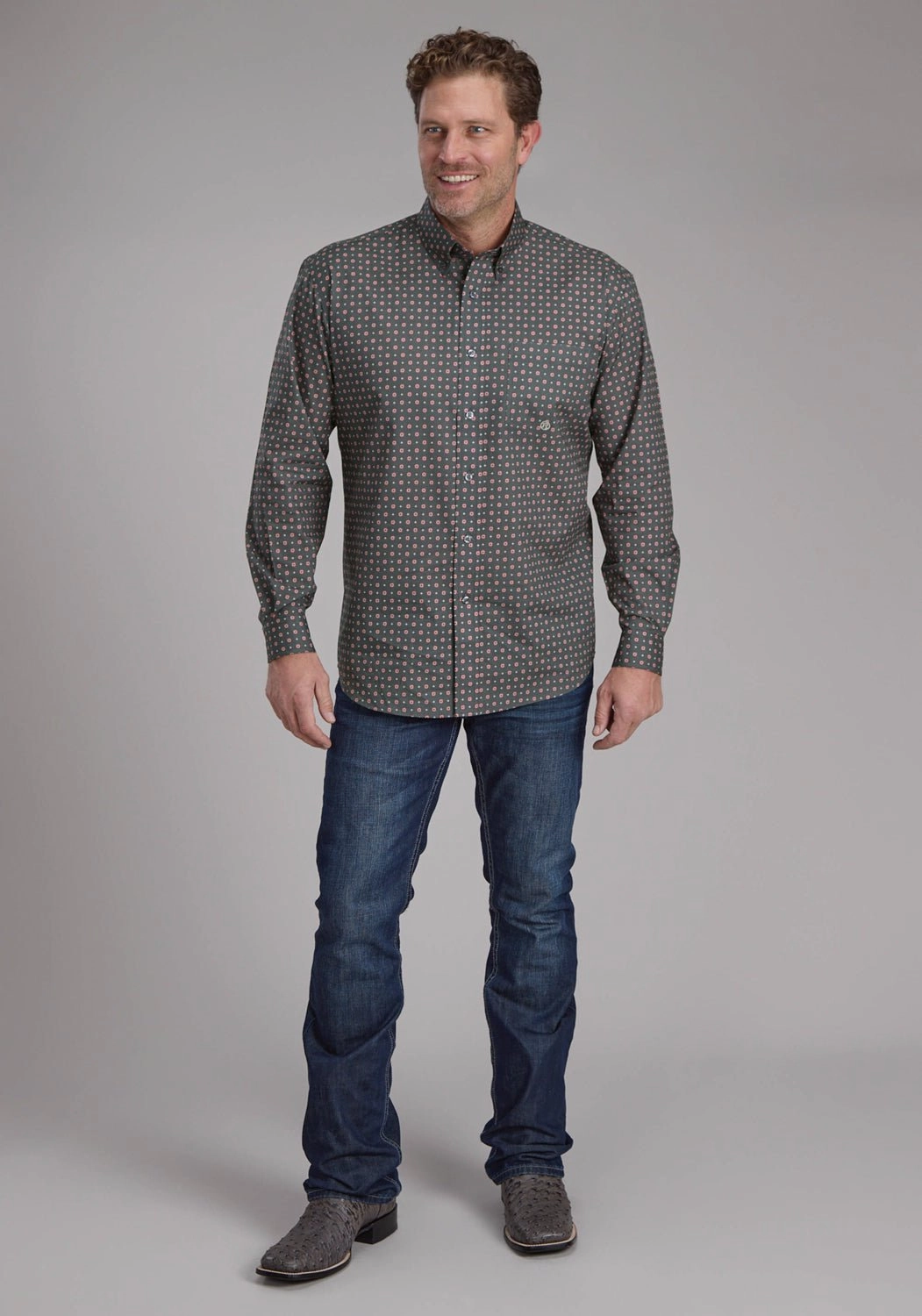 Layered Hemline Roper Mens 2243 Garnet Foulard Grey 100% Cotton 1 Pkt L/S Shirt