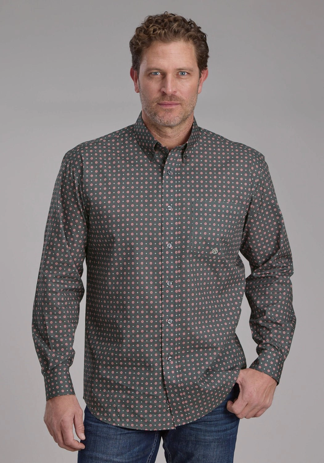 Roper Mens 2243 Garnet Foulard Grey 100% Cotton 1 Pkt L/S Shirt Neutral Tones Low Maintenance