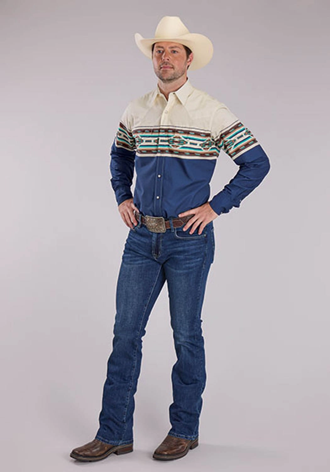 Roper Mens Vintage Aztec Border Blue 100% Cotton L/S Shirt Tagless label