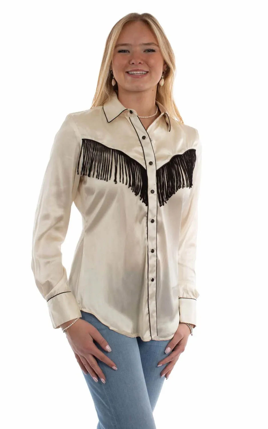 Scully Womens Retro Western Style Fringe Cream 100% Polyester L/S Blouse Wrinkle Resistant Material High-Quality Fabric