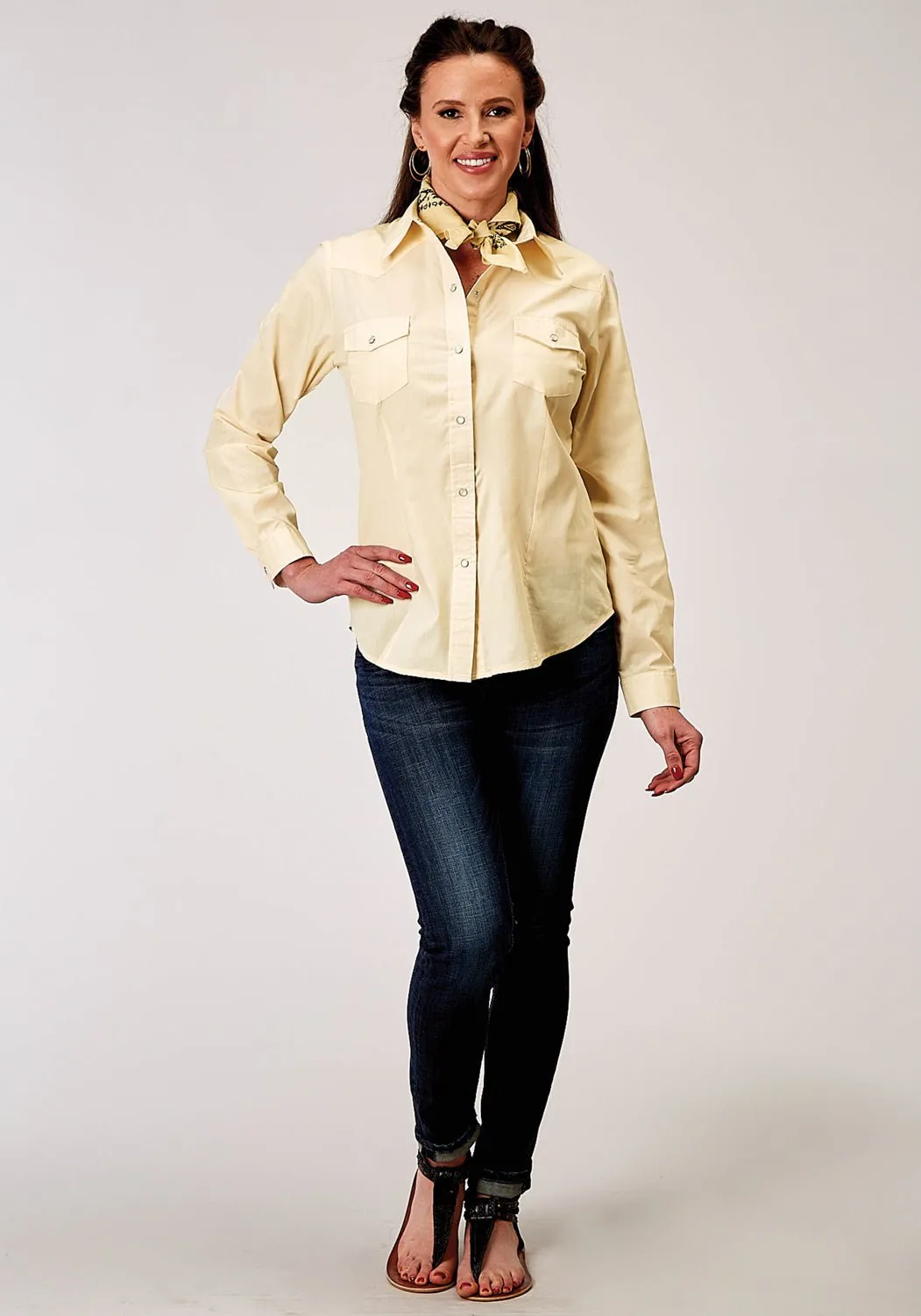 Roper Womens 1985 Solid Broadcloth Warm Ecru Cotton Blend L/S Shirt Fashion Layer Shimmer Effect