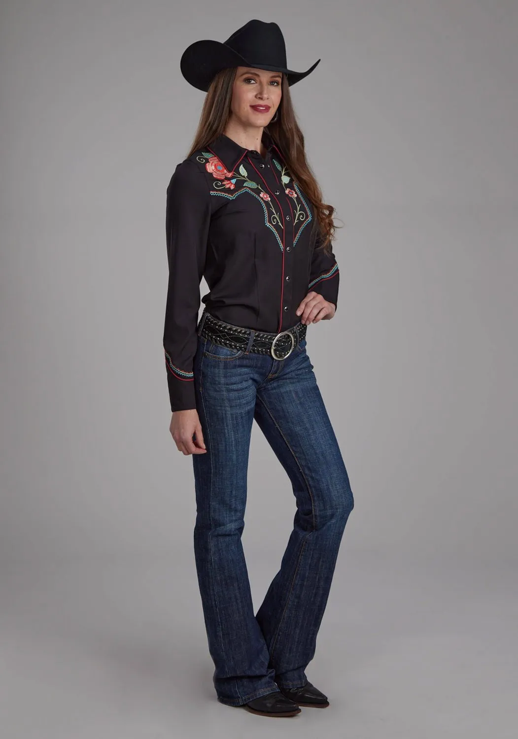 Roper Womens Red Floral Retro Black Polyester L/S Shirt Snag Free Surface Reinforced Hems