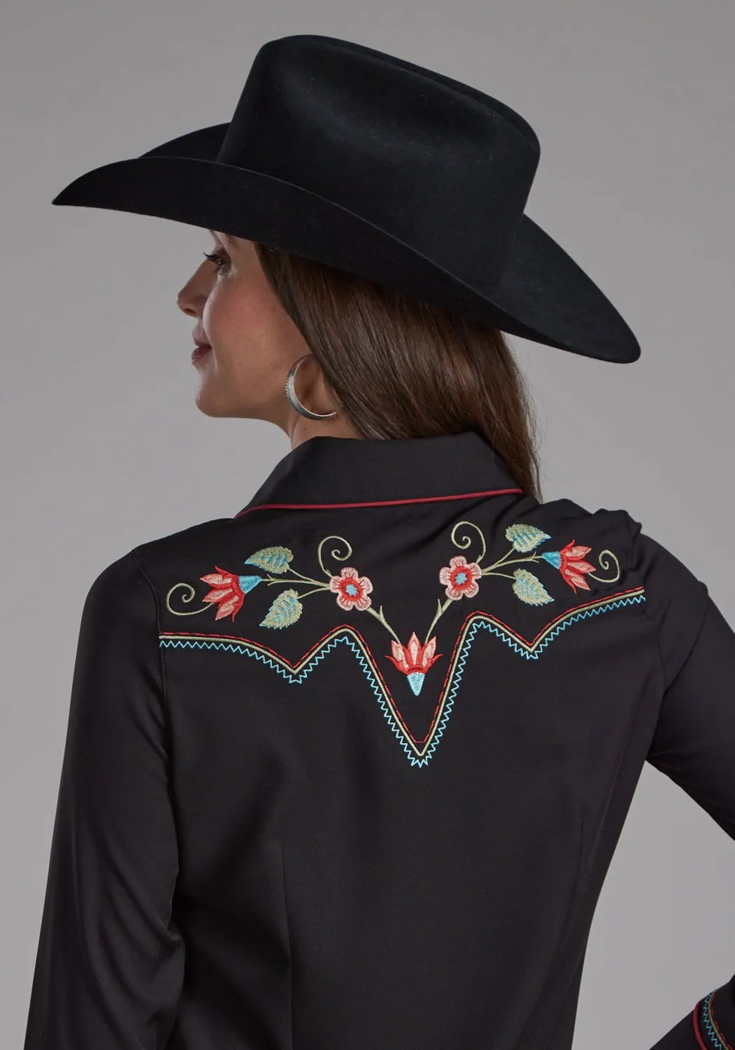 Roper Womens Red Floral Retro Black Polyester L/S Shirt Active Lifestyle