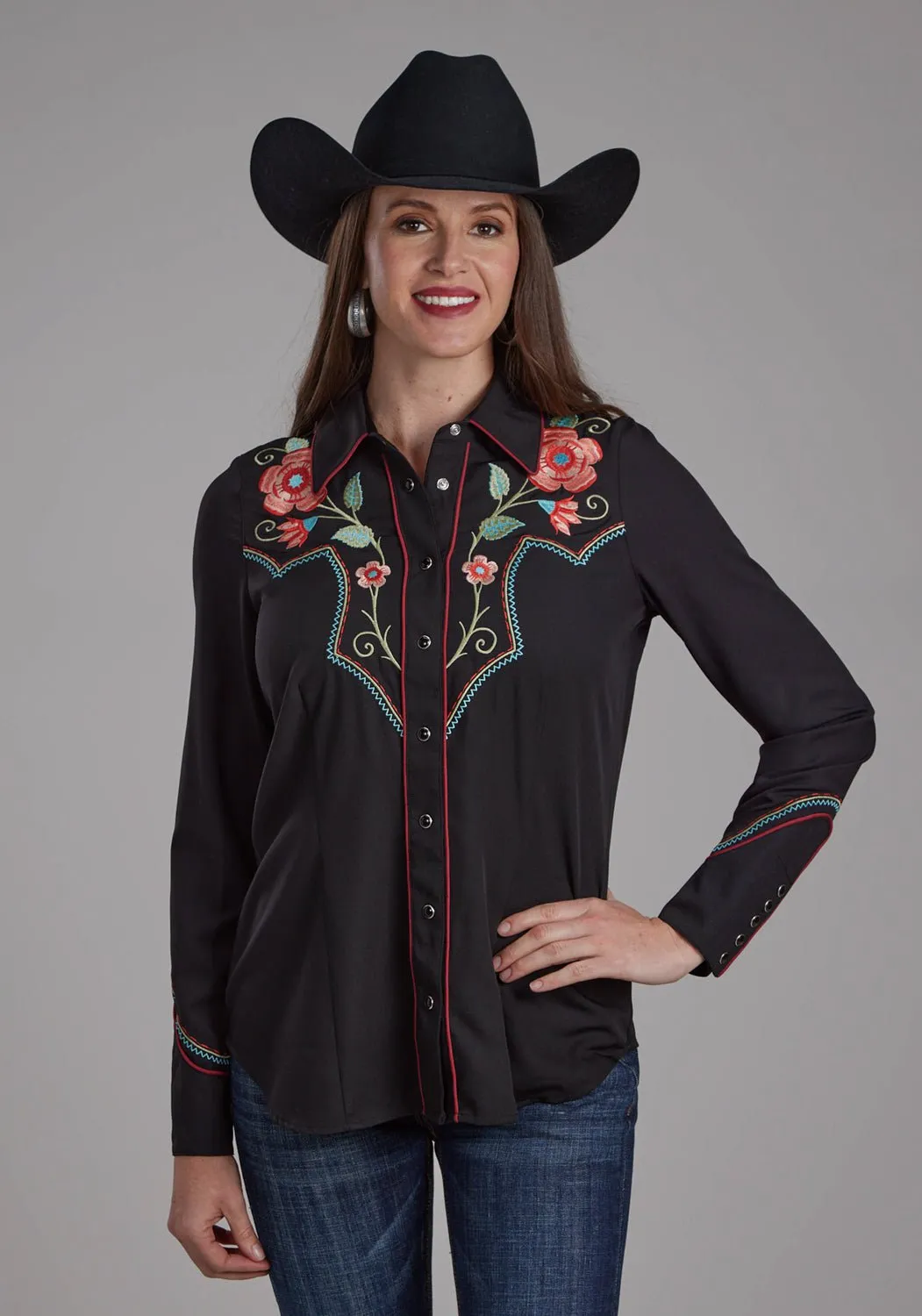 Roper Womens Red Floral Retro Black Polyester L/S Shirt Flexible Placket Structure Neutral Shade