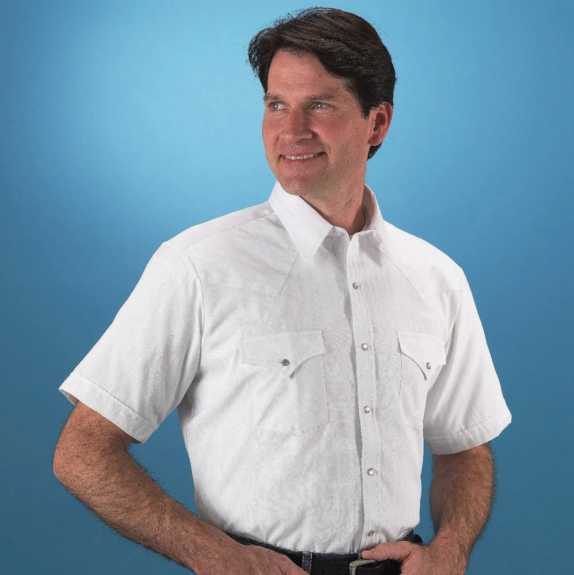 Ely & Walker Mens Tone on Tone White Western Shirt S/S Poly/Cotton Performance Fabric