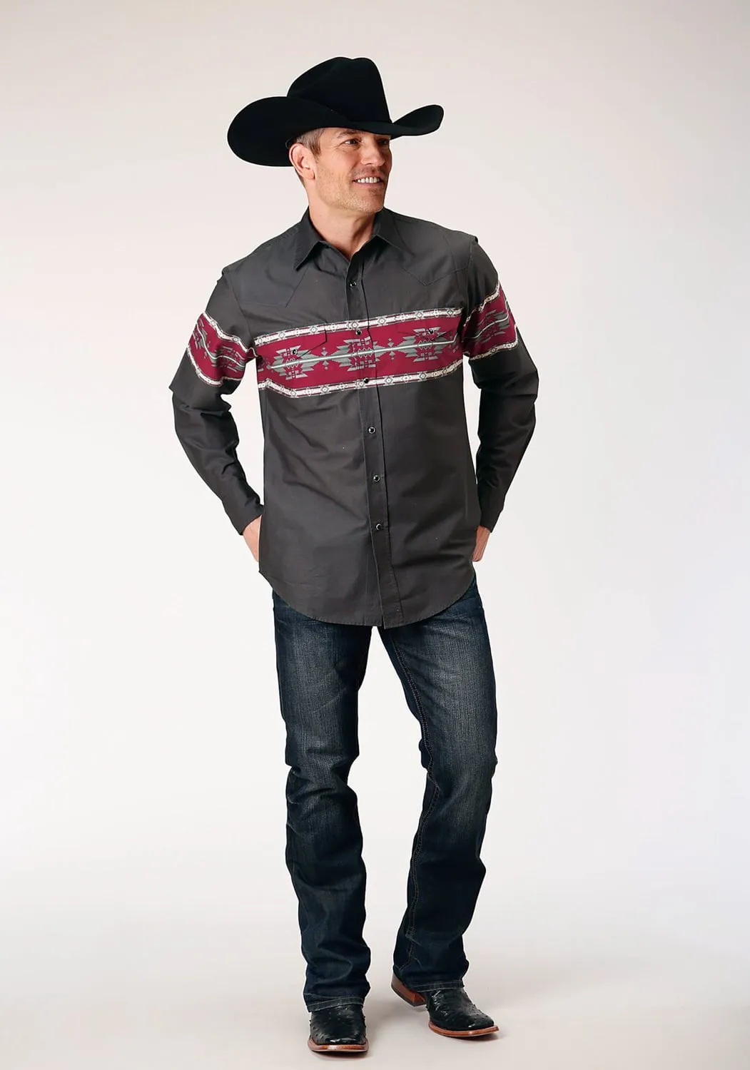 Roper Mens Aztec Border Black 100% Cotton L/S Shirt Urban Comfort Anti Cling Fabric