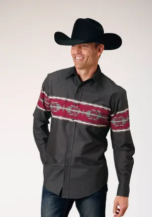 Minimalist fashion Roper Mens Aztec Border Black 100% Cotton L/S Shirt Glossy Texture Roper Mens Aztec Border Black 100% Cotton L/S Shirt