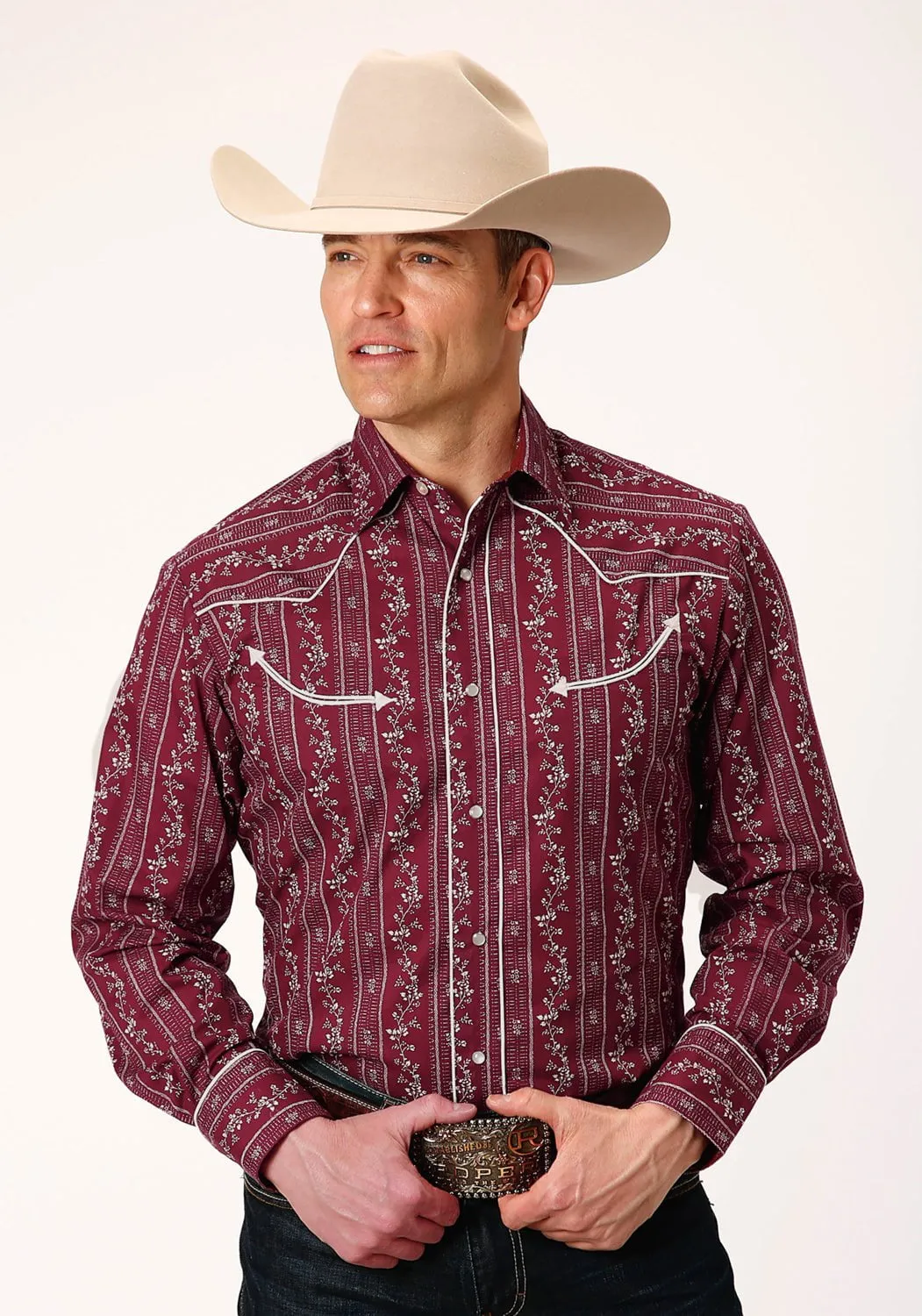 Roper Mens Brick Red Cotton Blend Cream L/S Retro Shirt Essential Fit