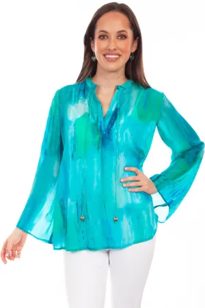Minimalist fashion Scully Womens Artful Tie-Dye Aqua Rayon L/S Blouse Scully Womens Artful Tie-Dye Aqua Rayon L/S Blouse Striped Design Sporty Design