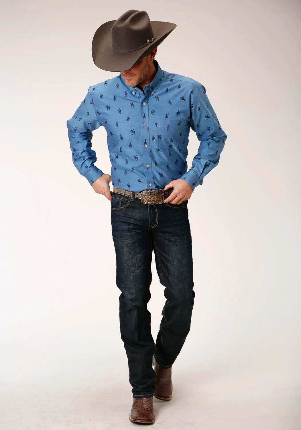 vacation wear Roper Mens Blue Cotton Blend Horseman Oxford BD L/S 1 Pkt Shirt