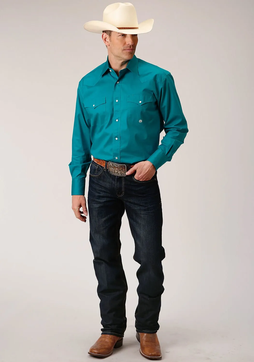 Stretch Material Roper Mens Turquoise 100% Cotton Poplin Stretch L/S Tall Shirt