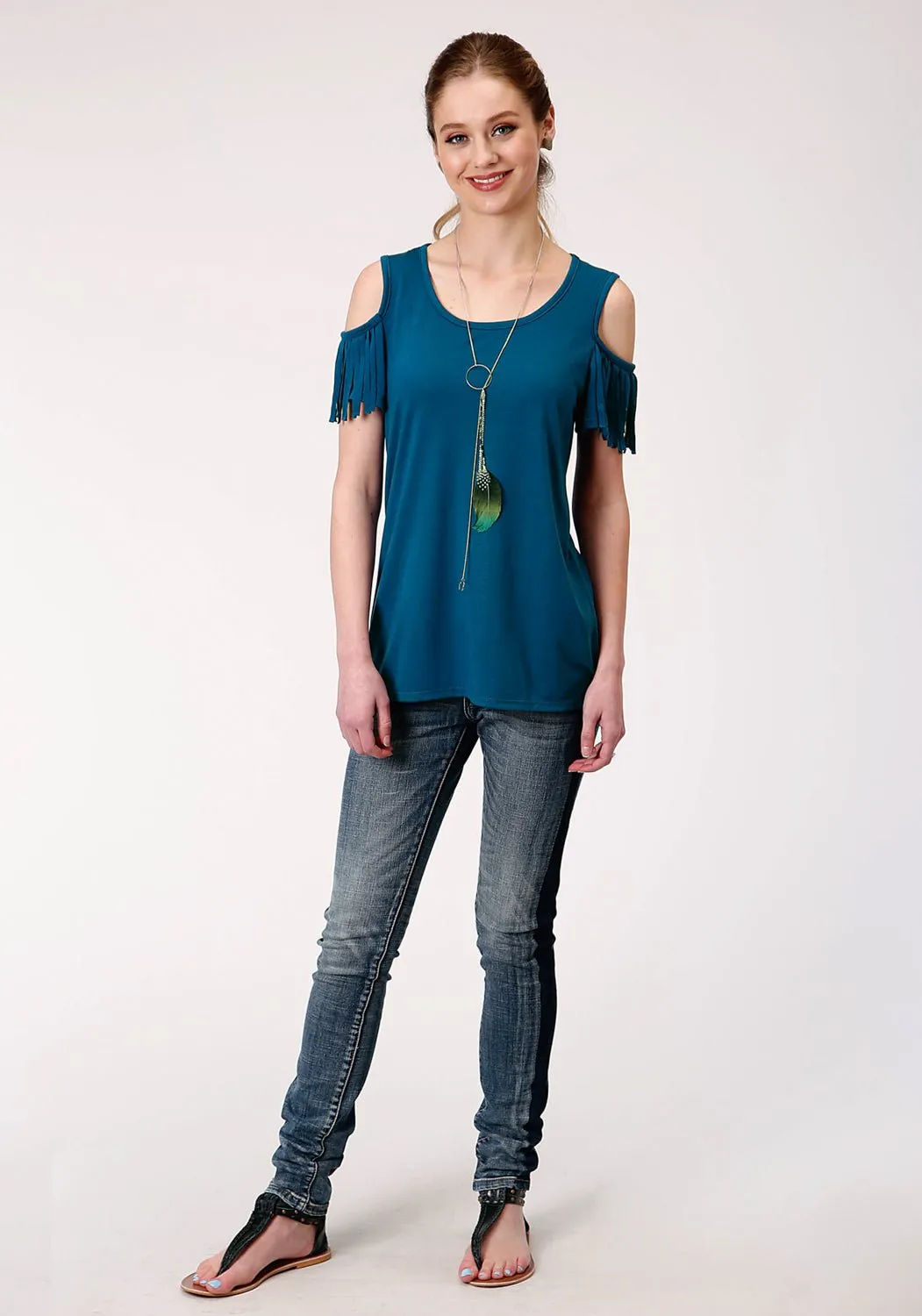 Roper Womens Navy Blue Poly/Rayon Cold Shoulders S/S T-Shirt Classic Color