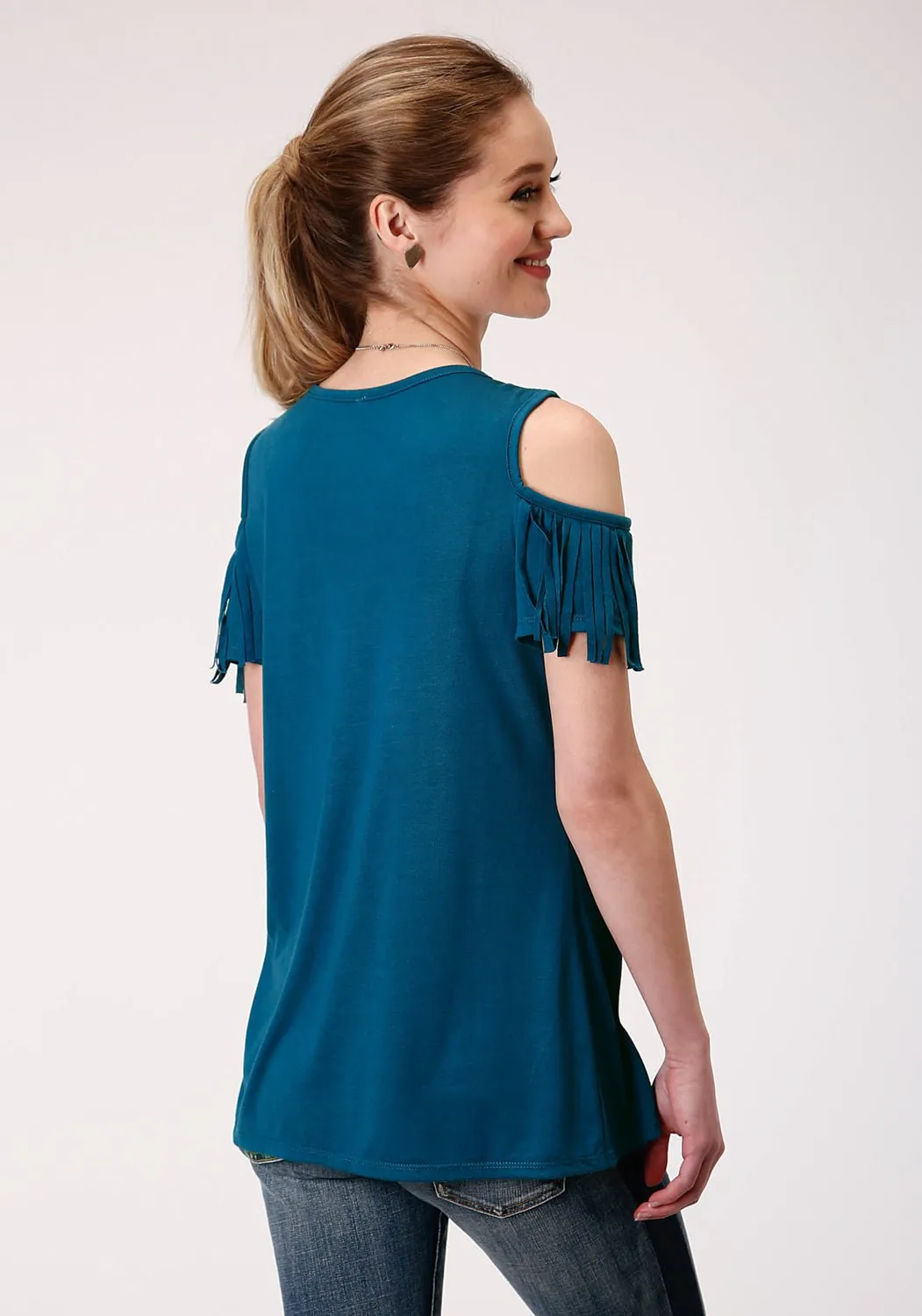 Fashion Comfort Roper Womens Navy Blue Poly/Rayon Cold Shoulders S/S T-Shirt