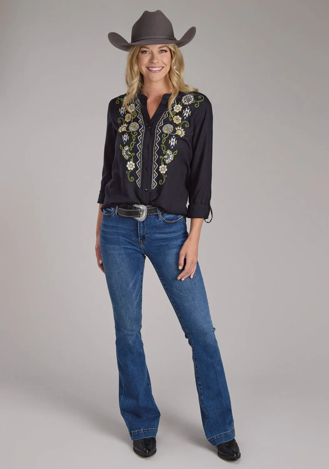 Flexible Shoulder Construction Roper Womens Vertical Floral Border Black 100% Cotton L/S Blouse