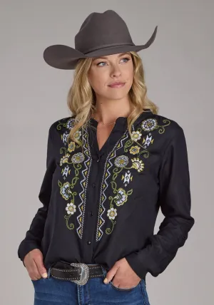 Minimalist Look Roper Womens Vertical Floral Border Black 100% Cotton L/S Blouse Roper Womens Vertical Floral Border Black 100% Cotton L/S Blouse Breathable Style
