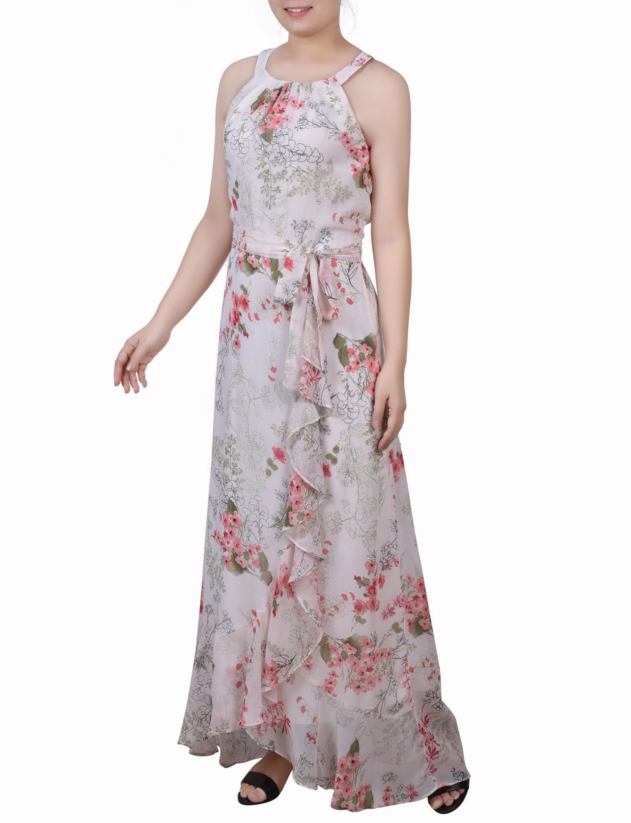 Smart Waist Design V Neckline Halter Front Chiffon Maxi Dress