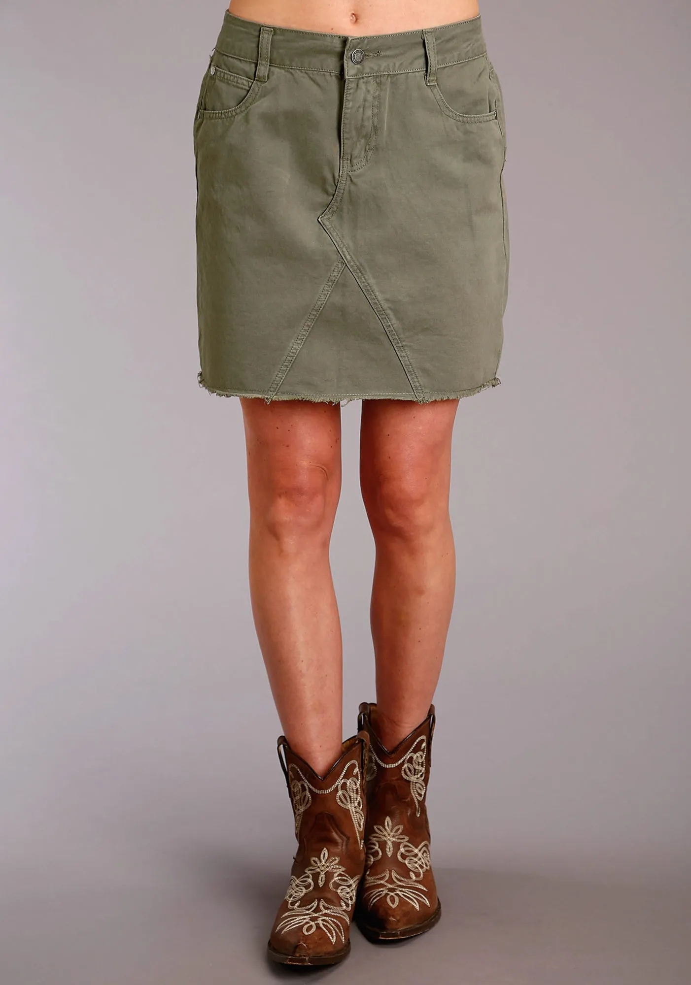 Stetson Womens Five Pocket Raw Edge Olive 100% Cotton Skirt Simple Layers Affordable Durable