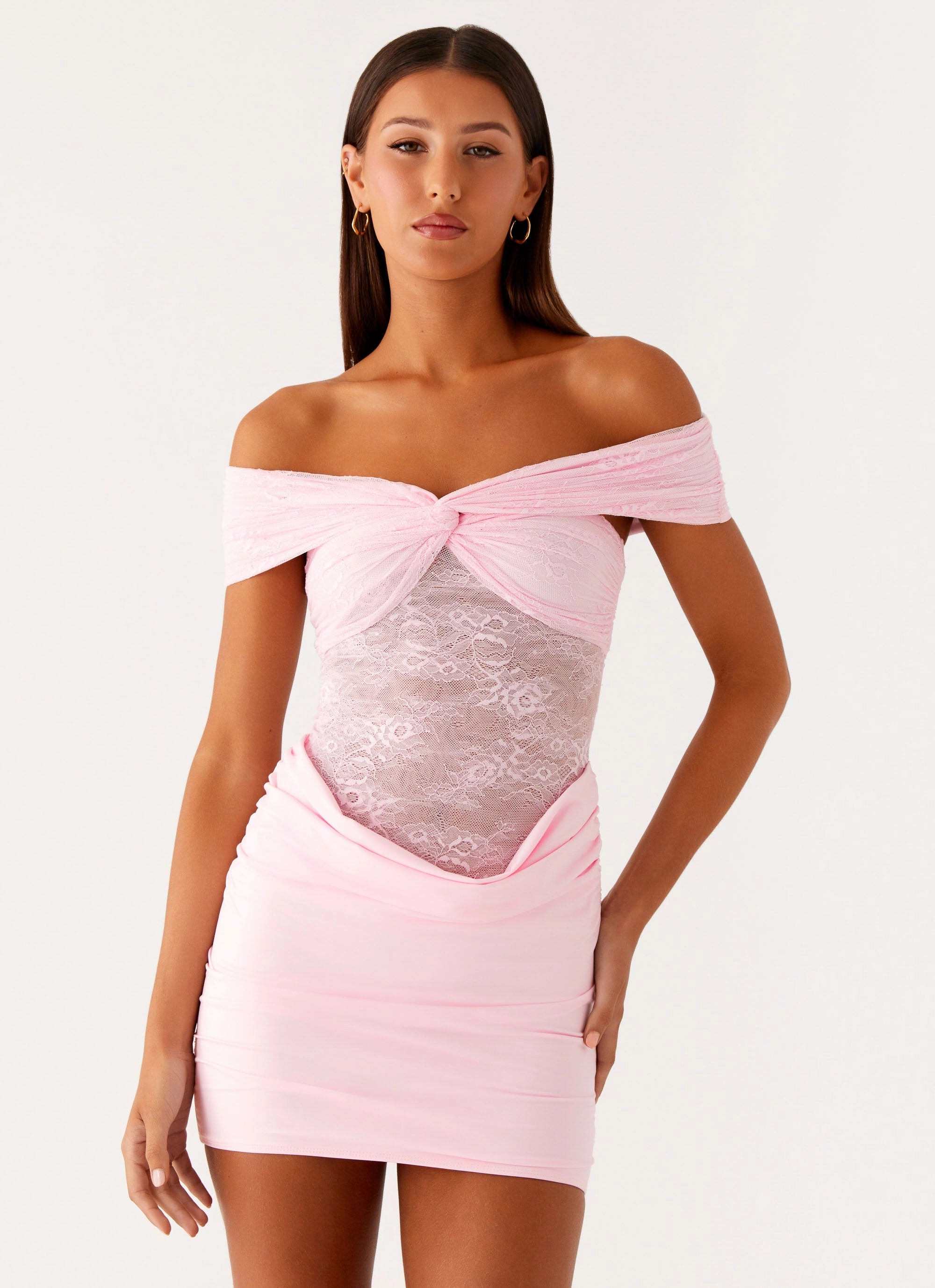 Either Way Off Shoulder Mini Dress - Baby Pink Side Tie