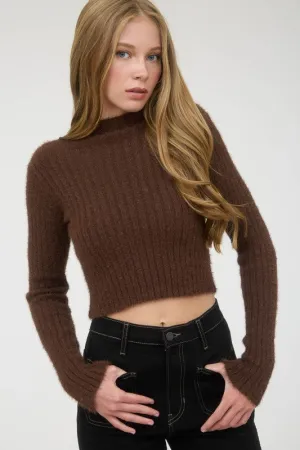 Mock Neck Fuzzy Ribbed Knit Cropped Sweater Stretch performance Weekend Essential V-Neck Mock Neck Fuzzy Ribbed Knit Cropped Sweater