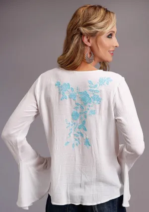 Modern Comfort Stetson Womens White/Blue Rayon/Nylon Waterfall Ruffle L/S Blouse Stetson Womens White/Blue Rayon/Nylon Waterfall Ruffle L/S Blouse Everyday Motion Subtle Palette