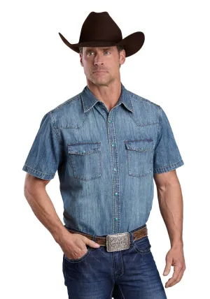 Modern designs Stetson Mens Turquoise Hex Snaps Stonewashed Denim 100% Cotton S/S Shirt Hidden Button Placket Stetson Mens Turquoise Hex Snaps Stonewashed Denim 100% Cotton S/S Shirt