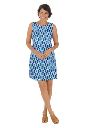 Modern Elegance Blue Green Half Moon UPF50  Sleeveless Shift Dress Bright Bloom Tiered Skirt Blue Green Half Moon UPF50  Sleeveless Shift Dress