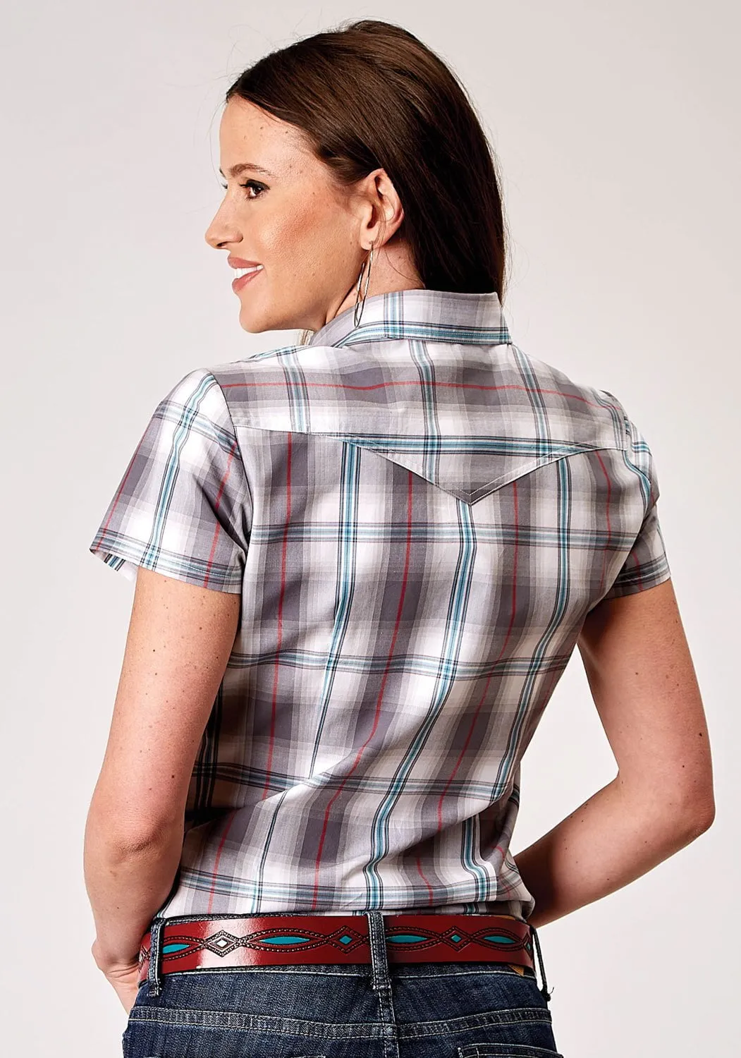 gender-neutral Roper Womens 1941 Cloud Plaid Grey 100% Cotton S/S Shirt