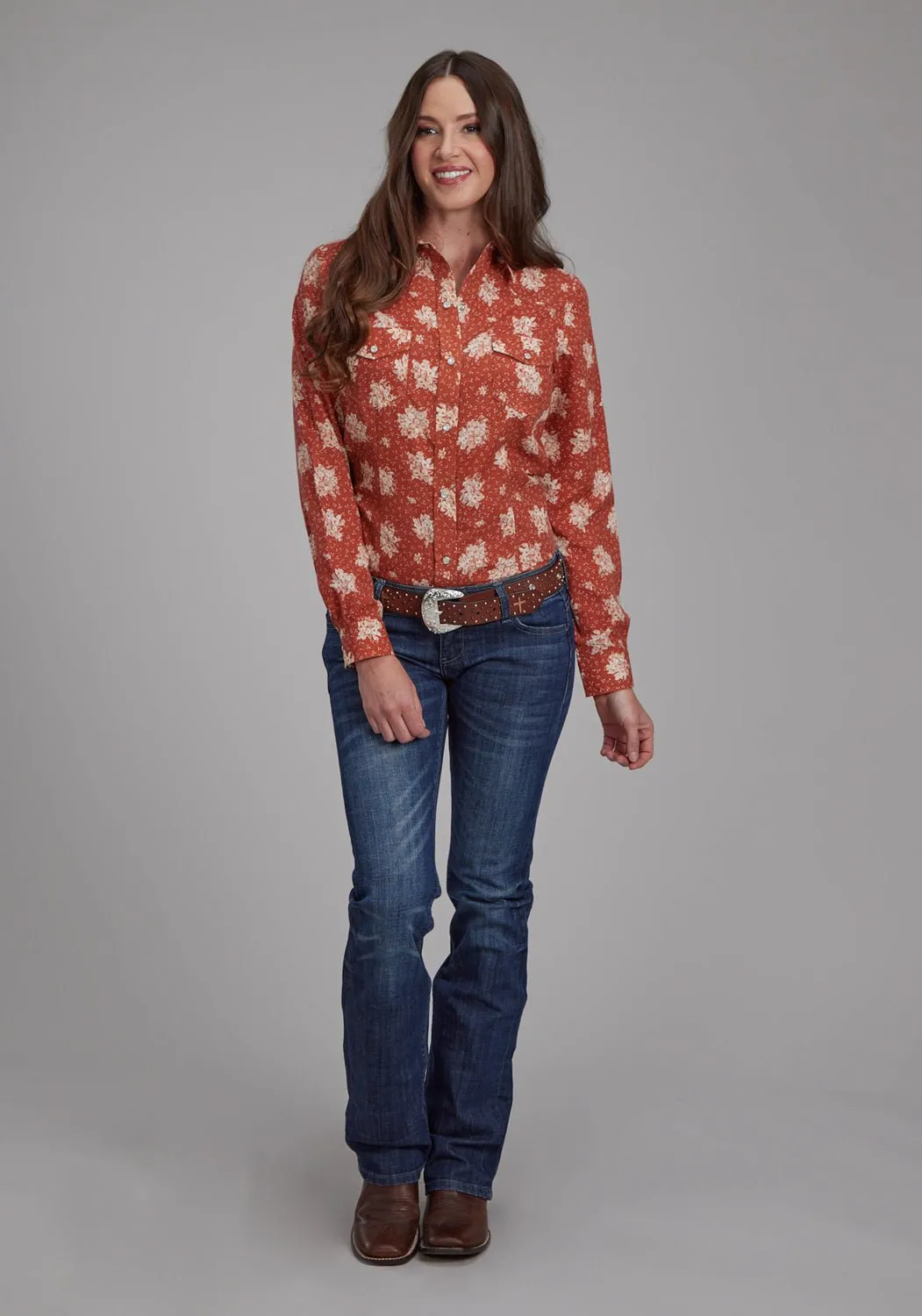 Boho chic Roper Womens 2282 Floral Orange/Cream Cotton Blend L/S Shirt
