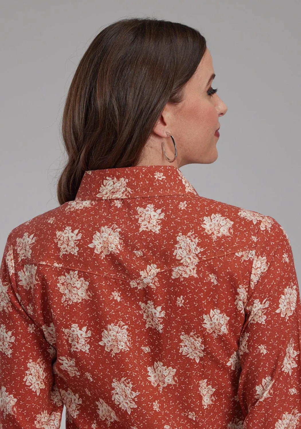 Roper Womens 2282 Floral Orange/Cream Cotton Blend L/S Shirt Work-to-Weekend