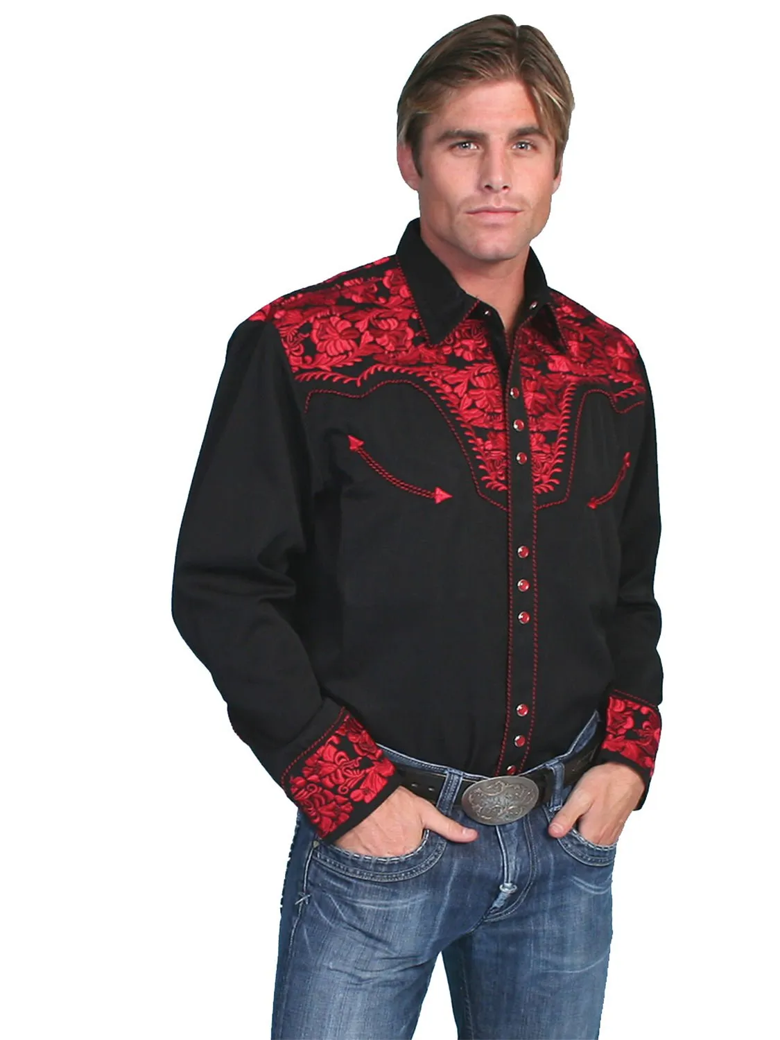 Smart Look All-Weather Wear Scully Mens Crimson Poly/Rayon Tooled Floral L/S Shirt