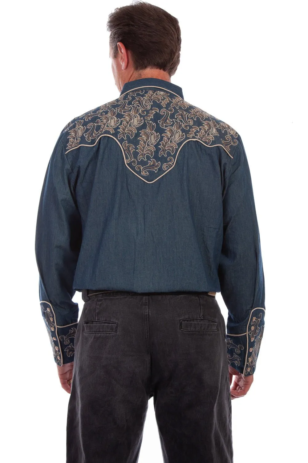 Scully Mens Denim 100% Cotton Leafy Scroll L/S Shirt Organic Cotton Adjustable Cuffs