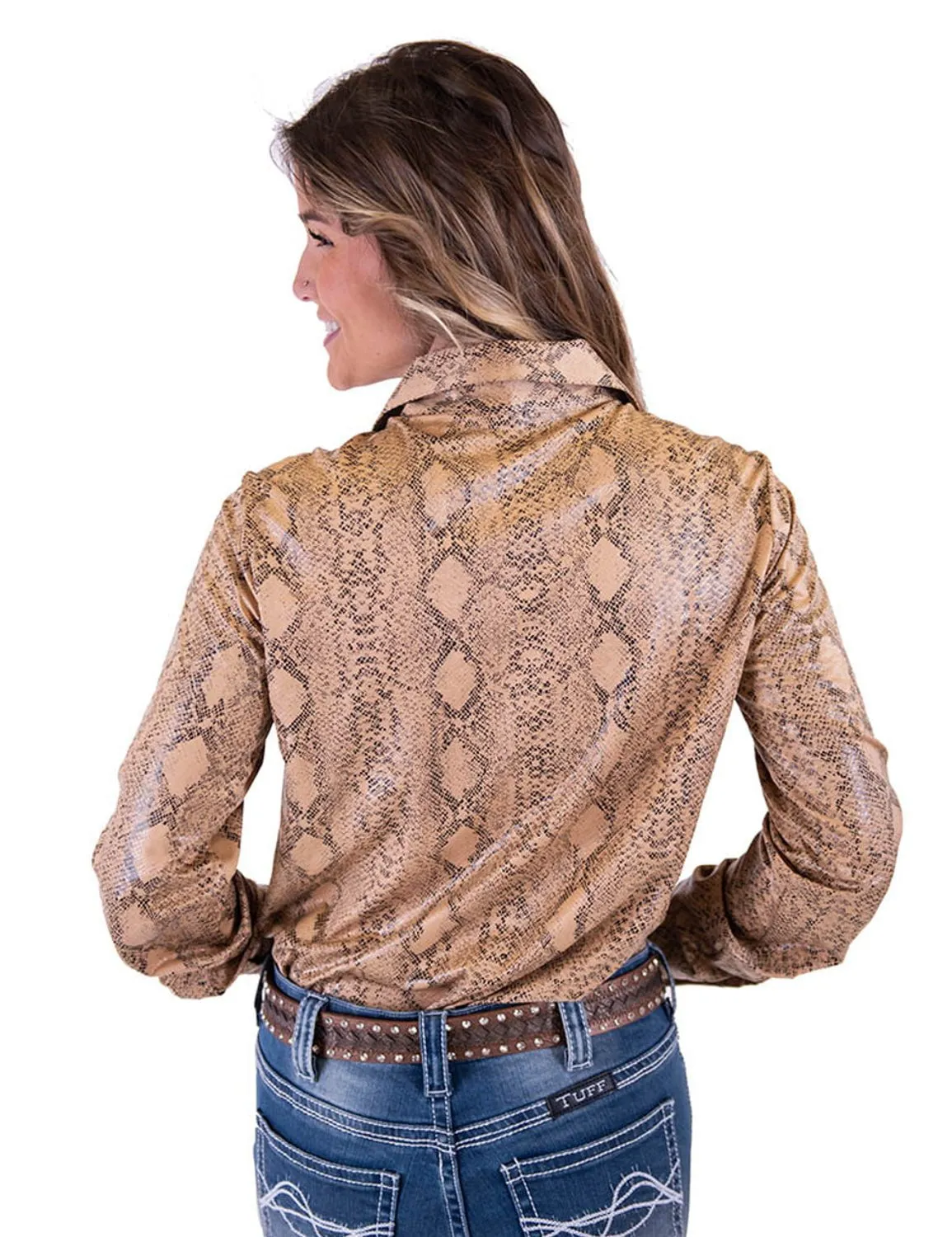 Cowgirl Tuff Womens Snakeskin Pullover Tan Polyester L/S Shirt Versatile Wear Handcrafted Detail