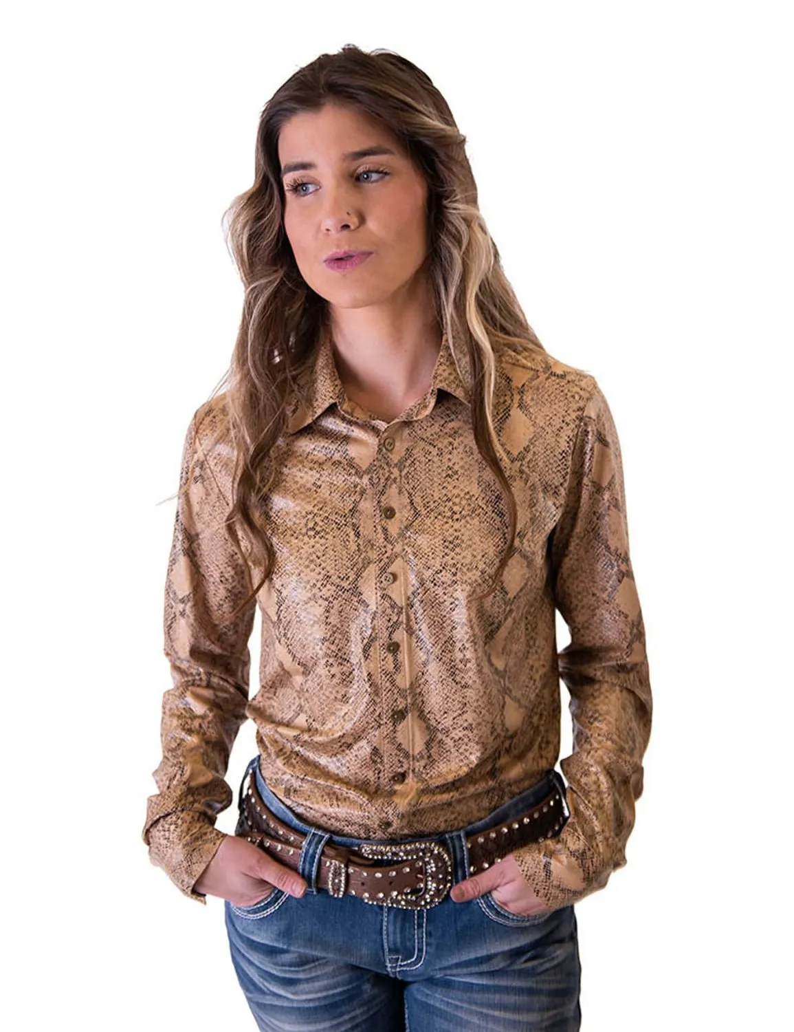 Sophisticated Elegance Cowgirl Tuff Womens Snakeskin Pullover Tan Polyester L/S Shirt
