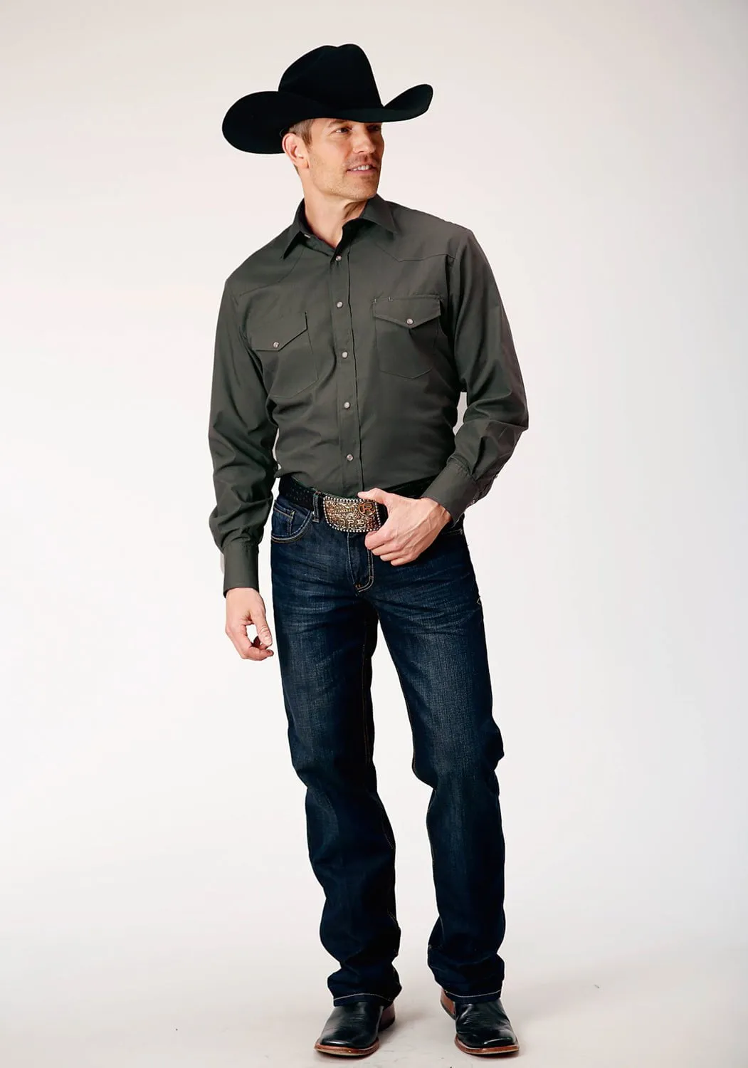 Roper Mens Broadcloth Dark Charcoal Grey Cotton Blend L/S Shirt Anti Static Fabric