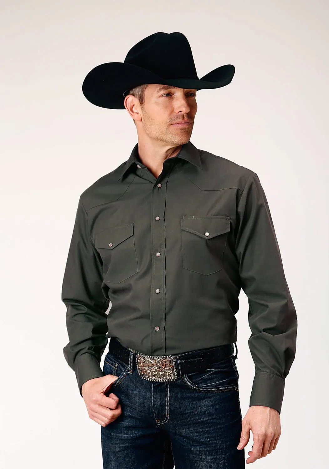 Checkered Print Smooth Finish Roper Mens Broadcloth Dark Charcoal Grey Cotton Blend L/S Shirt