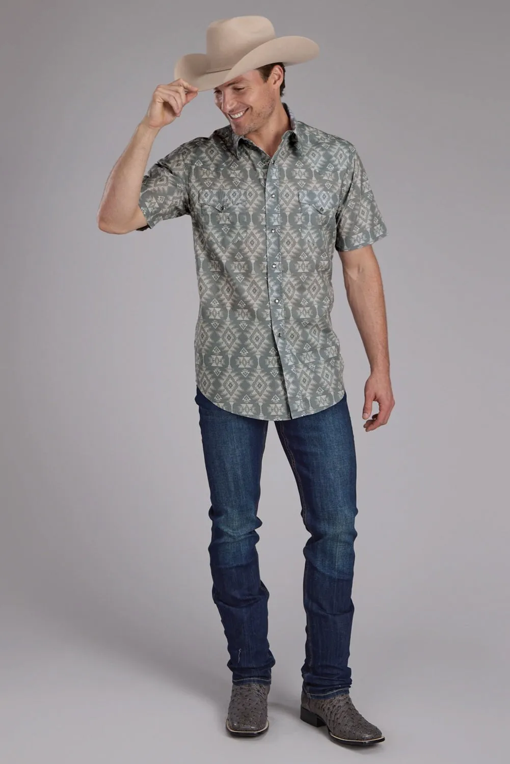 Bold Hue Chill Comfort Roper Mens Horizontal Scribble Aztec Grey 100% Cotton S/S Shirt