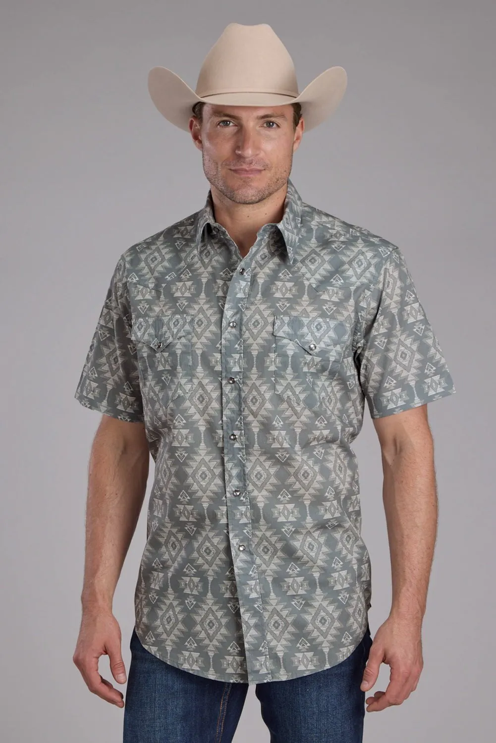 Roper Mens Horizontal Scribble Aztec Grey 100% Cotton S/S Shirt Adjustable Cuff Closure Easy Care